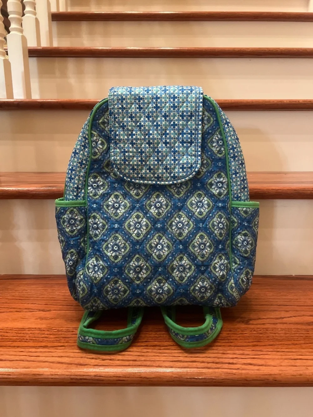 Quilted Mini Backpack Blue Green Floral Geometric Small Daypack with Flap & Pock